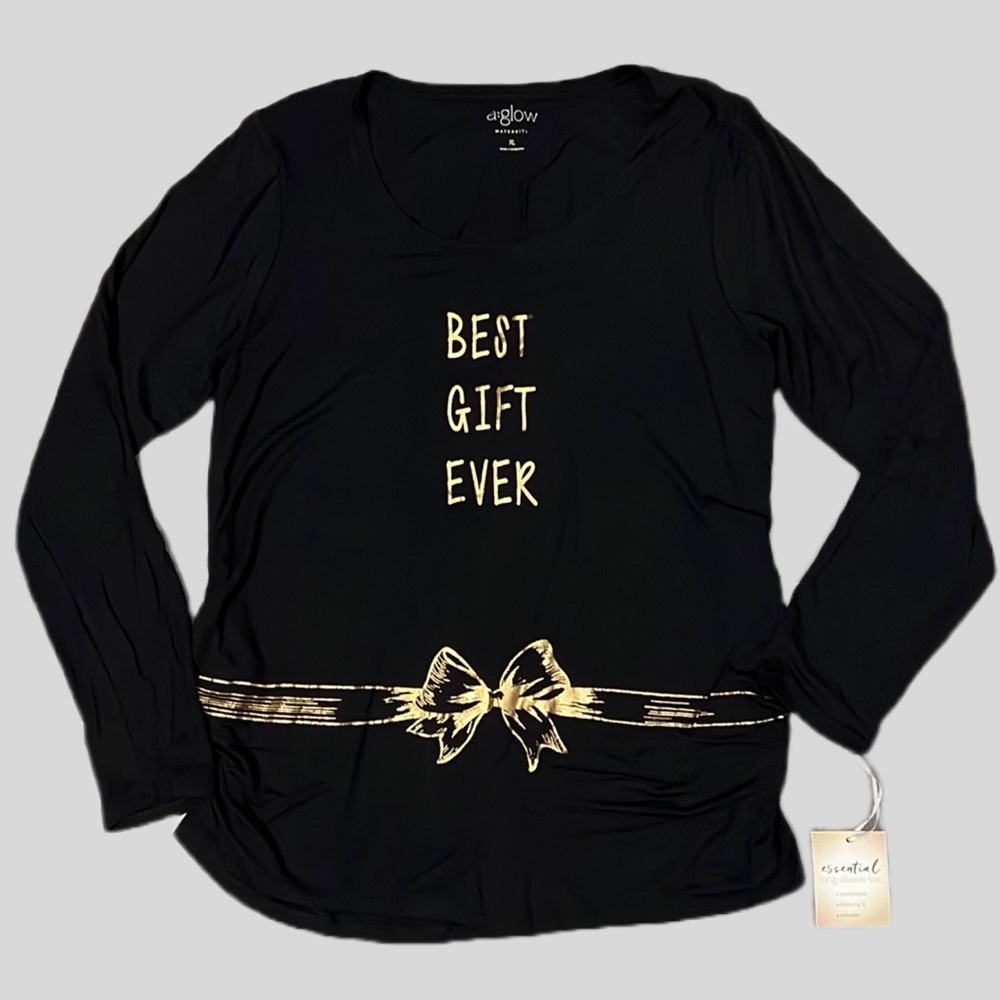 NWT a:glow Maternity Long Sleeve Tee Black & Gold Ruched at Hips Stretch Soft XL